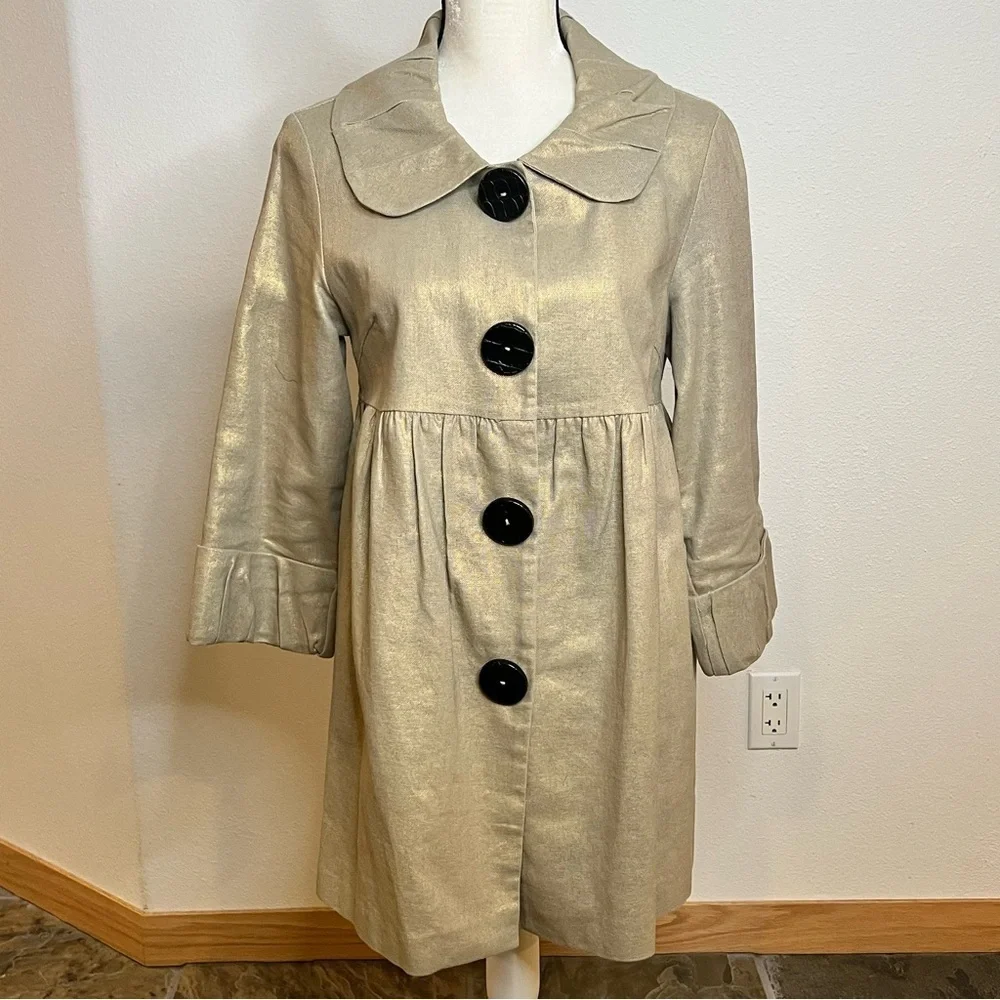 Kenzie Gold Metallic Light Weight Coat Big Buttons, Pleated Collar and Sleeves - Picture 8 of 11